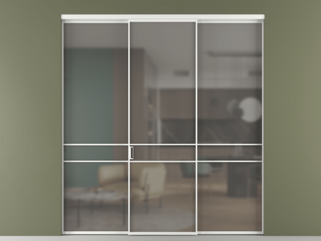 Перегородка Formato внутри проёма 3 створки АЛПР 040.02 Алюминий белоснежный Сатинированное серое стекло, триплекс Цена 1550890 ₸ | Volhovec