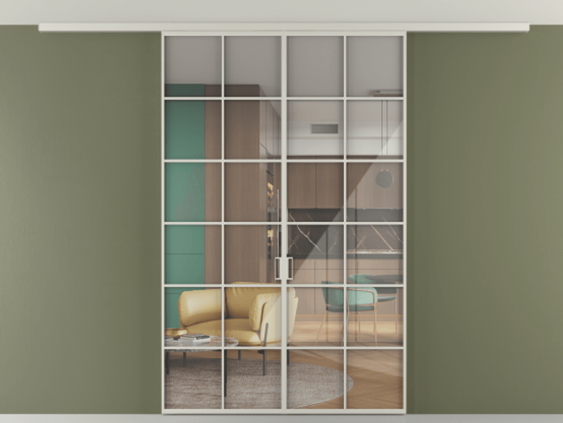 Перегородка Формато вдоль стены на потолок 2 створки АЛПР 040.05 Алюминий тёплый серый Рефлективное прозрачное стекло "Стопсол", калёное Цена 1673814 ₸ | Volhovec