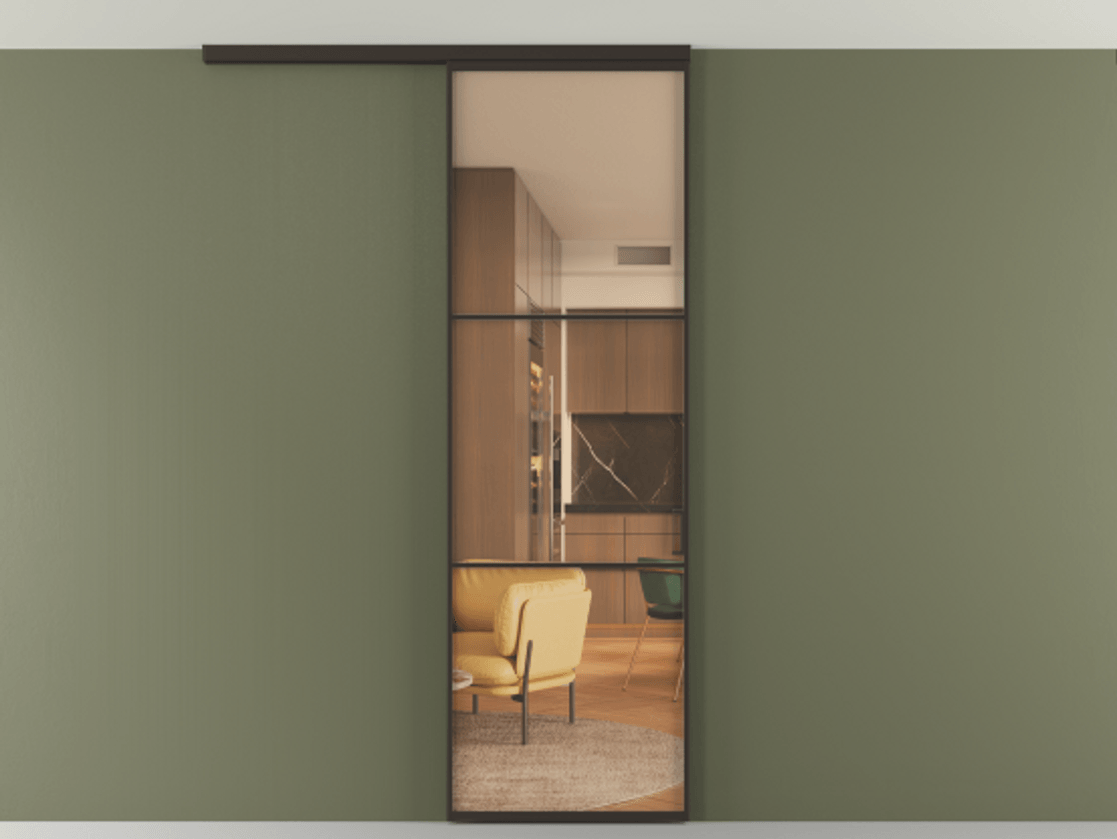 Перегородка Формато вдоль стены на потолок 1 створка АЛПР 040.03 Алюминий антрацит Прозрачное оранжевое стекло, триплекс Цена 732243 ₸ | Volhovec