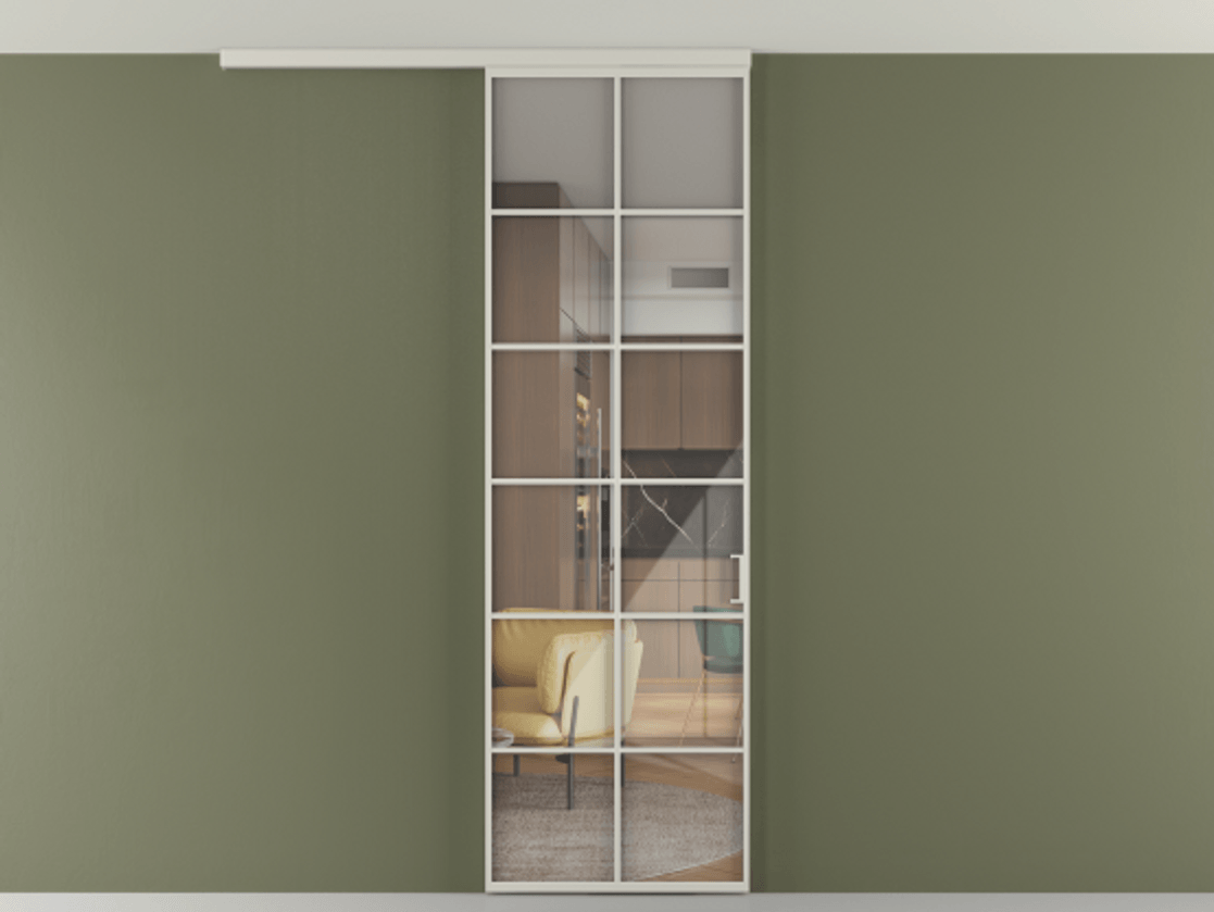 Перегородка Формато вдоль стены на потолок 1 створка АЛПР 040.05 Алюминий тёплый серый Рефлективное прозрачное стекло "Стопсол", калёное Цена 1013720 ₸ | Volhovec