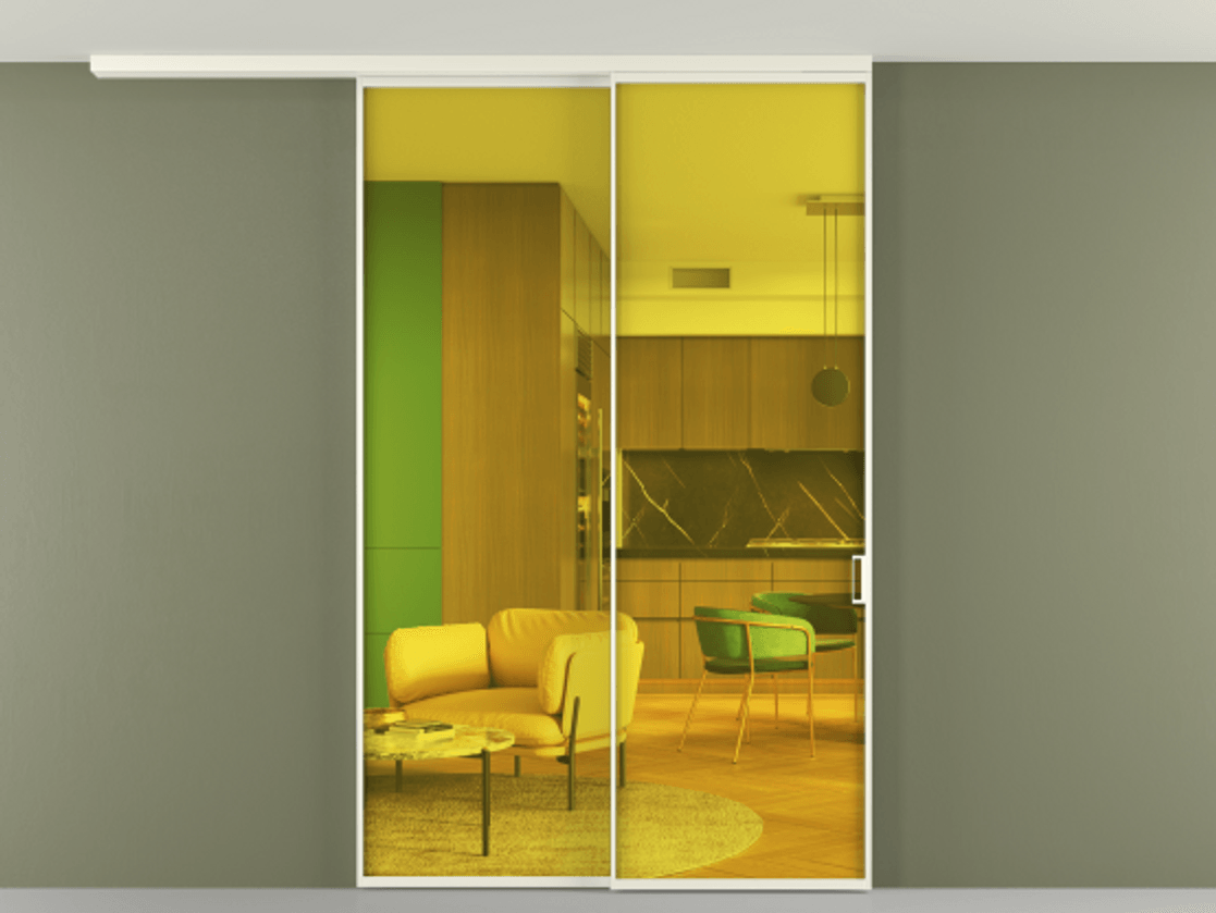 Перегородка Formato вдоль стены на потолок 2 створки с синхронным механизмом АЛПР 040.01 Алюминий жемчужный Прозрачное жёлтое стекло, триплекс Цена 1675300 ₸ | Volhovec