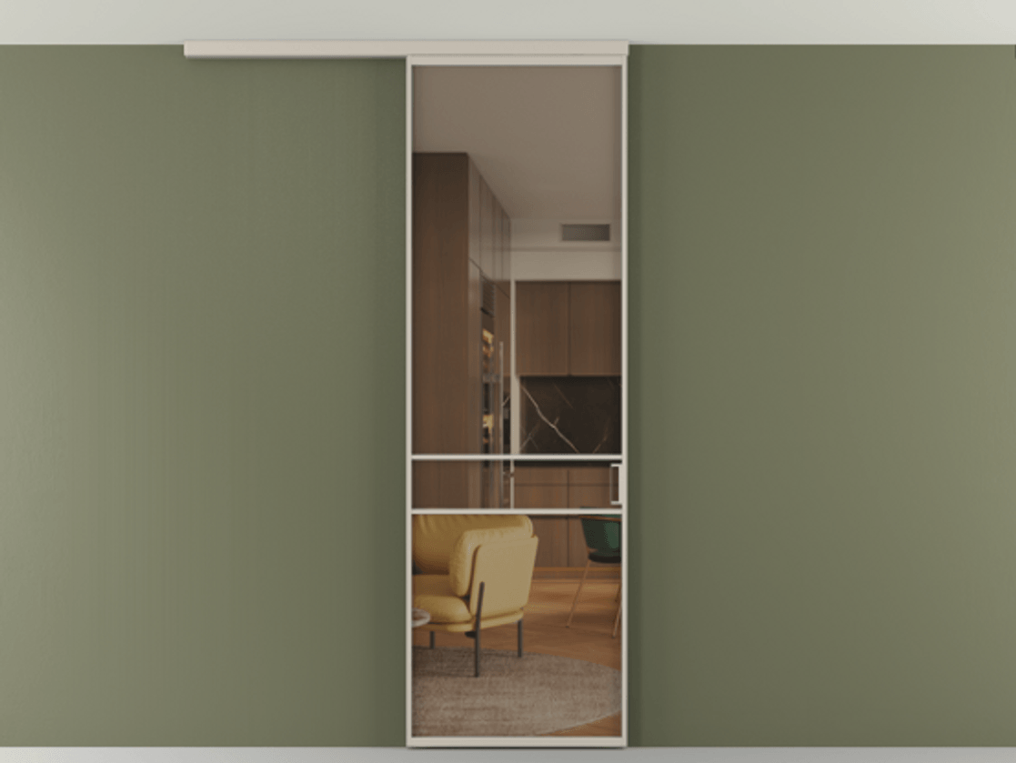 Перегородка Formato вдоль стены на потолок 1 створка АЛПР 040.02 Алюминий светло-бежевый Прозрачное бронзовое стекло, триплекс Цена 732246 ₸ | Volhovec