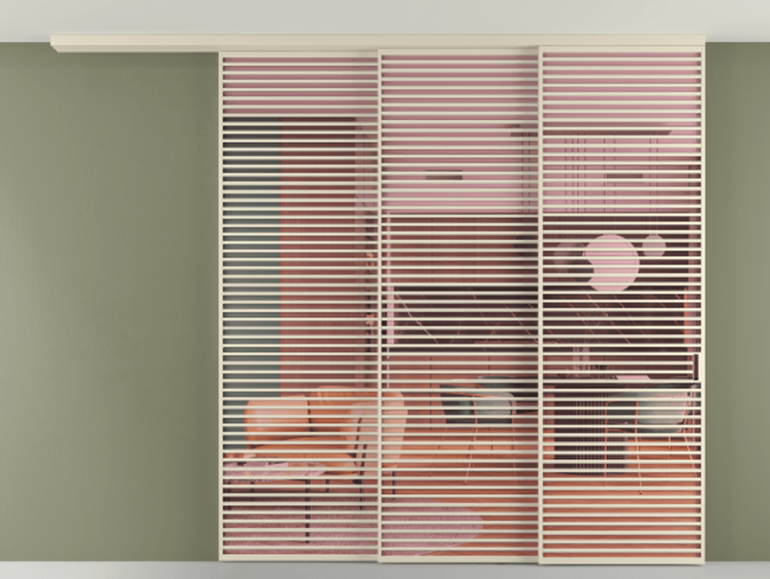 Перегородка Formato вдоль стены на потолок 3 створки с синхронным механизмом АЛПР 040.07 Алюминий бежево-серый Прозрачное розовое стекло, триплекс Цена 4087700 ₸ | Volhovec