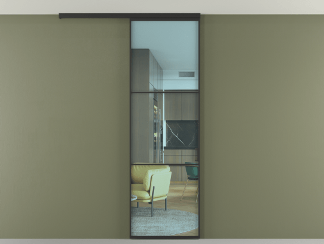 Перегородка Formato вдоль стены на потолок 1 створка АЛПР 040.03 Алюминий Черный Прозрачное голубое стекло, триплекс Цена 606000 ₸ | Volhovec