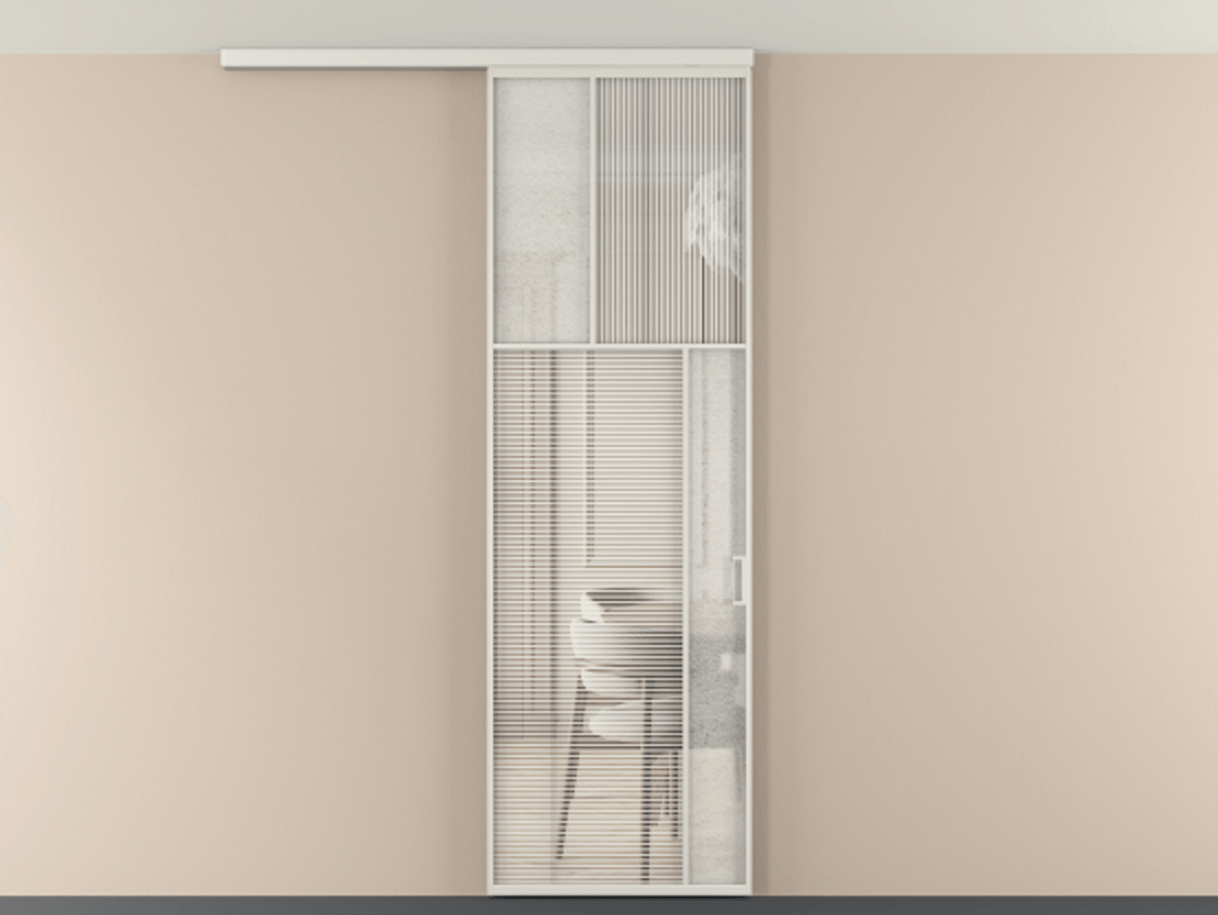 Перегородка Мозаик вдоль стены на потолок 1 створка АЛПР 041.23 Алюминий серый Рифлёное стекло "Дюна", триплекс, 6 мм + Фактурное стекло "Лёд", триплекс Цена 1081382 ₸ | Volhovec