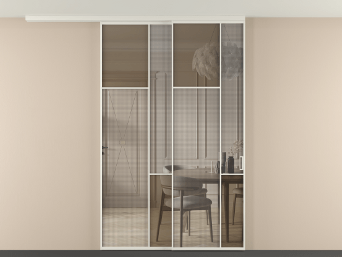 Перегородка Mosaic вдоль стены телескопик синхро-2 АЛПР 041.10 Алюминий Белый Mesh silver + Бронза прозрачное триплекс Цена 1873000 ₸ | Volhovec
