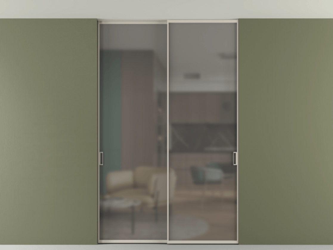 Перегородка Формато внутри проёма скрытое крепление в потолок 2 створки АЛПР 040.01 Алюминий светло-бежевый Сатинированное серое стекло, триплекс Цена 1867108 ₸ | Volhovec