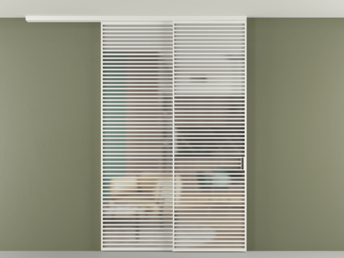 Перегородка Формато вдоль стены на потолок 2 створки с синхронным механизмом АЛПР 040.07 Алюминий светло-серый Сатинированное стекло "Мателюкс Кристал Вижн", калёное, матовое, каленое 6 мм Цена 4102207 ₸ | Volhovec