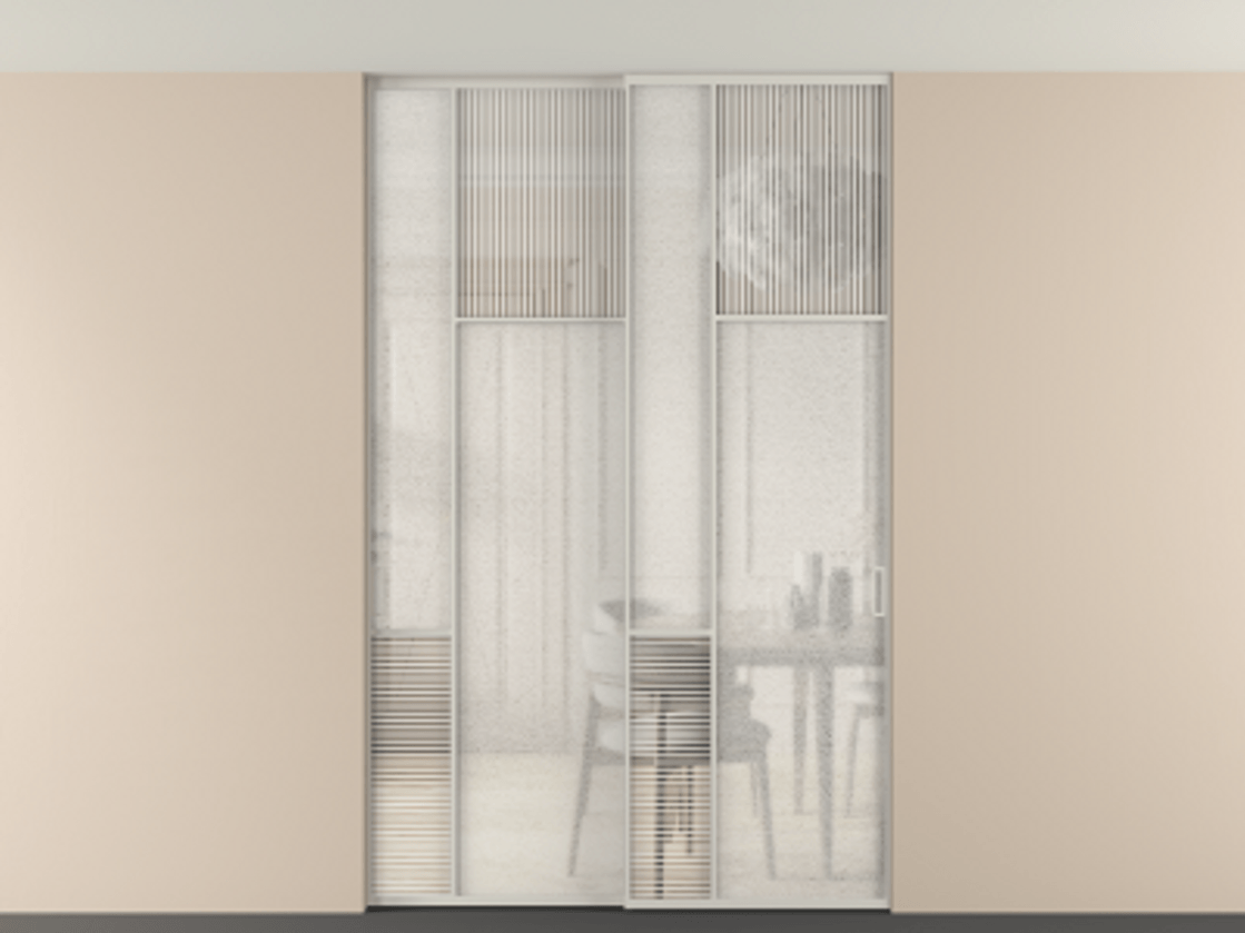 Перегородка Mosaic внутри проёма скрытое крепление в потолок 2 створки АЛПР 041.11 Алюминий тёплый серый Рифлёное стекло "Дюна", триплекс, 6 мм + Фактурное стекло "Лёд", триплекс. Цена 2574785 ₸ . Фабрика дверей Волховец 8 (800) 551 43 19 Перегородка Mosaic внутри проёма скрытое крепление в потолок 2 створки АЛПР 041.11 Алюминий тёплый серый Рифлёное стекло "Дюна", триплекс, 6 мм + Фактурное стекло "Лёд", триплекс Цена 2574785 ₸ | Volhovec