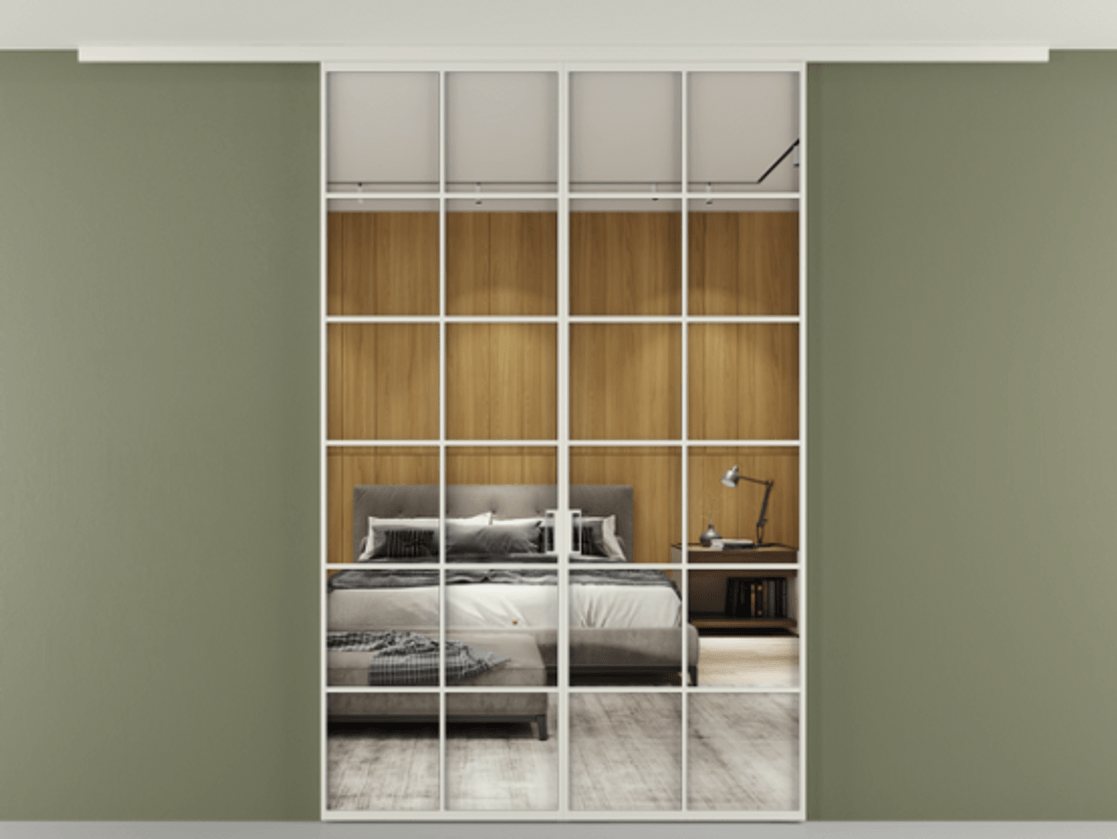 Перегородка Формато вдоль стены на потолок 2 створки АЛПР 040.05 Алюминий Белый Двустороннее зеркало, триплекс , триплекс 6 мм Цена 1777961 ₸ | Volhovec