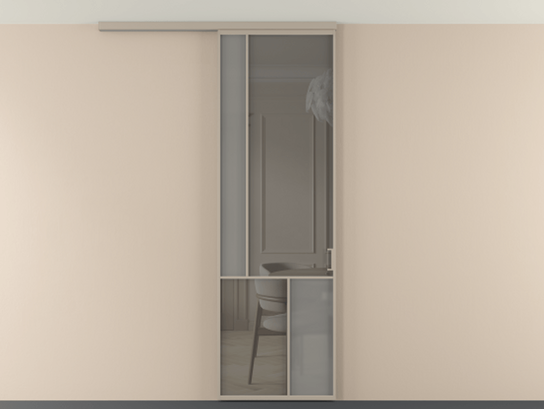 Перегородка Мозаик вдоль стены на потолок 1 створка АЛПР 041.20 Алюминий бисквитный Сатинированное серое стекло, триплекс, 6 мм + Прозрачное серое стекло, триплекс Цена 1020902 ₸ | Volhovec