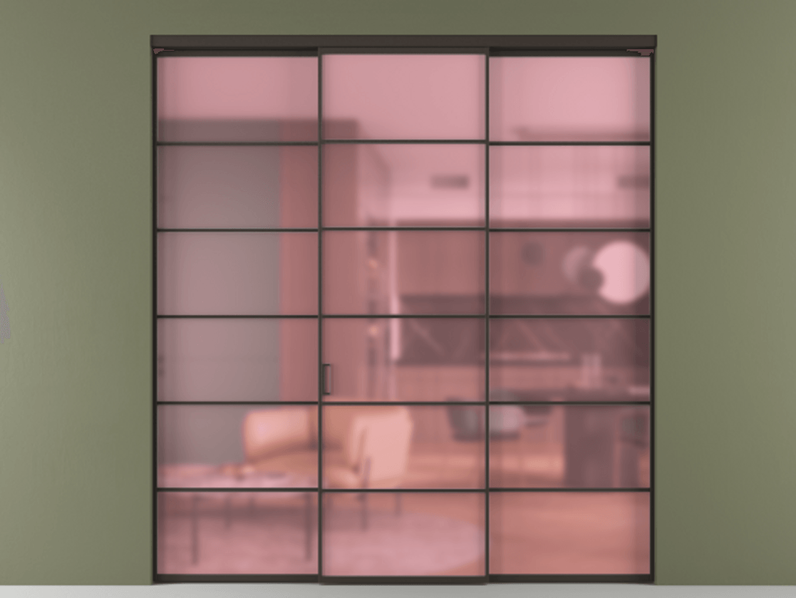 Перегородка Formato внутри проёма 3 створки АЛПР 040.04 Алюминий антрацит Сатинированное розовое стекло, триплекс Цена 1667700 ₸ | Volhovec