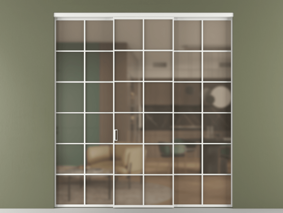 Перегородка Formato внутри проёма 3 створки АЛПР 040.05 Алюминий белоснежный Сатинированное бронзовое стекло, триплекс Цена 1667700 ₸ | Volhovec