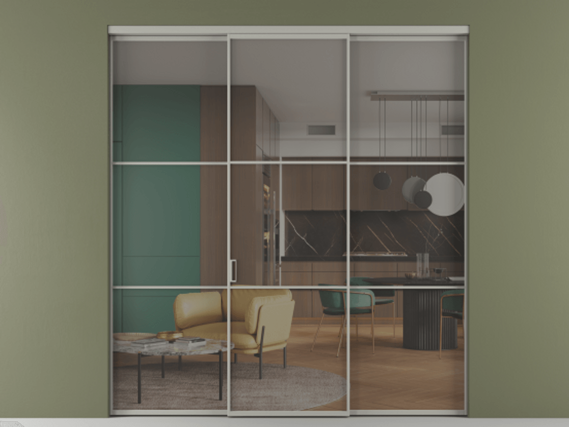 Перегородка Формато внутри проёма 3 створки АЛПР 040.03 Алюминий нейтральный серый Прозрачное серое стекло, триплекс Цена 1793799 ₸ | Volhovec