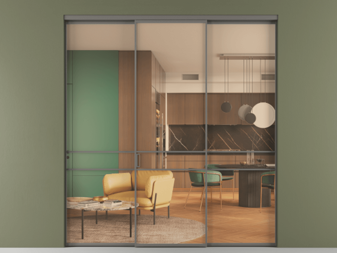 Перегородка Formato внутри проёма 3 створки АЛПР 040.02 Алюминий классический серый Прозрачное оранжевое стекло, триплекс Цена 1550900 ₸ | Volhovec