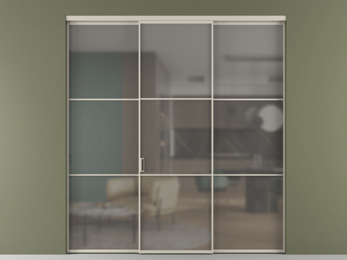 Перегородка Формато внутри проёма 3 створки АЛПР 040.03 Алюминий светло-бежевый Сатинированное серое стекло, триплекс Цена 1793799 ₸ | Volhovec