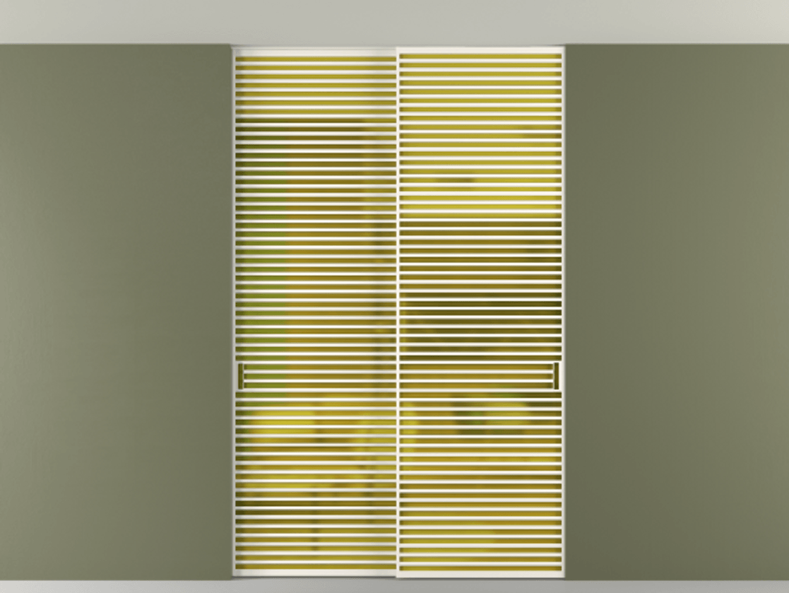 Перегородка Формато внутри проёма скрытое крепление в потолок 2 створки АЛПР 040.07 Алюминий пудровый белый Сатинированное жёлтое стекло, триплекс Цена 3098957 ₸ | Volhovec