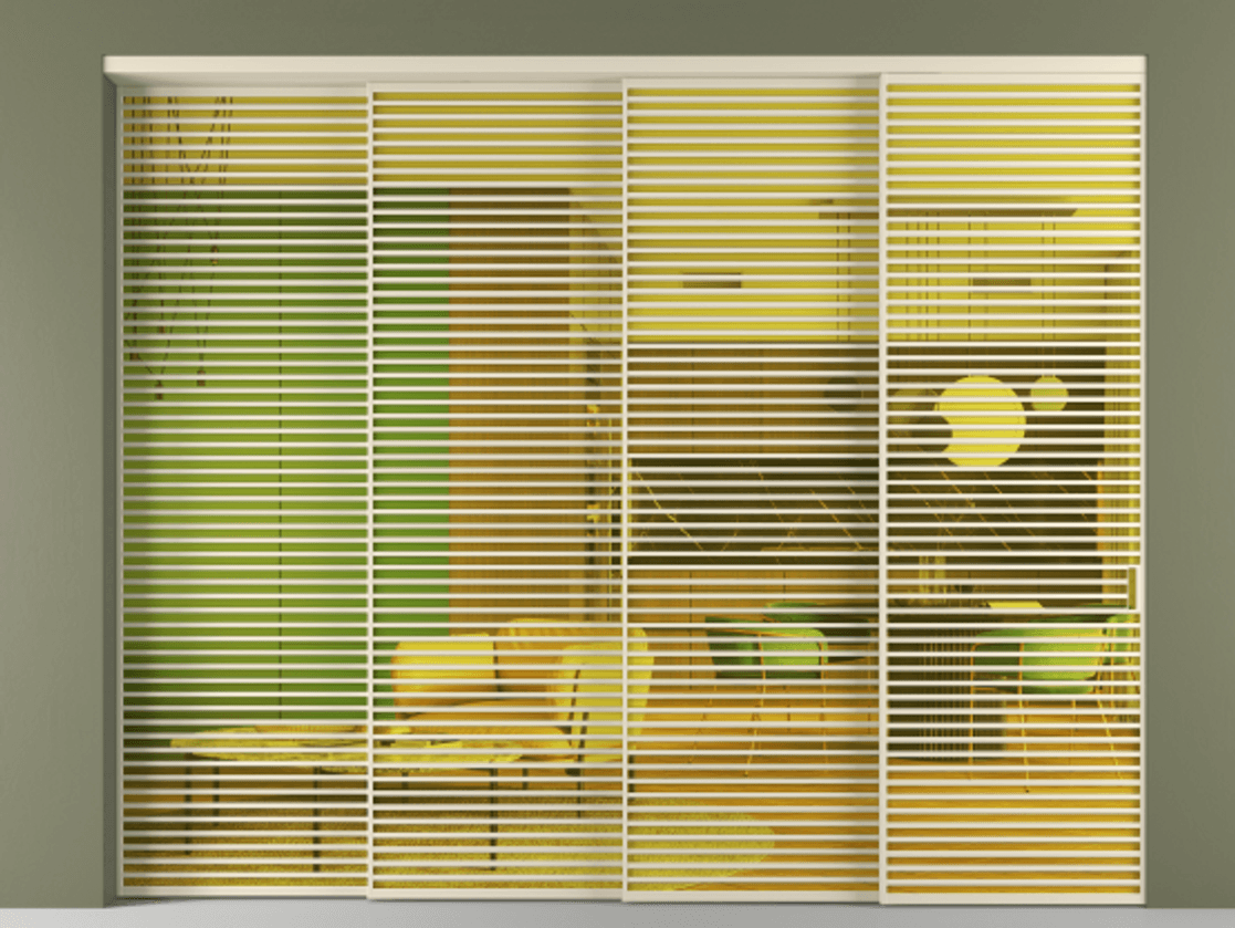 Перегородка Formato внутри проёма 4 створки с синхронным механизмом АЛПР 040.07 Алюминий бежево-серый Прозрачное жёлтое стекло, триплекс Цена 4850500 ₸ | Volhovec