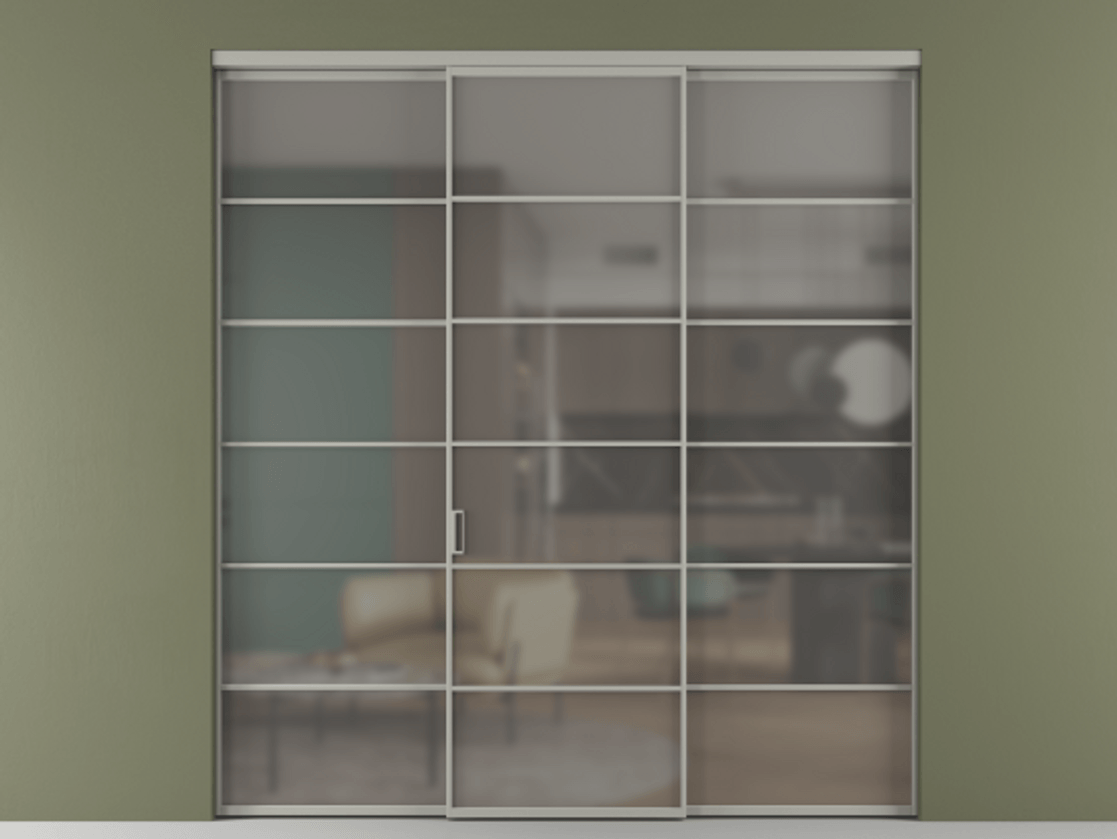 Перегородка Формато внутри проёма 3 створки АЛПР 040.04 Алюминий нейтральный серый Сатинированное серое стекло, триплекс Цена 1926477 ₸ | Volhovec