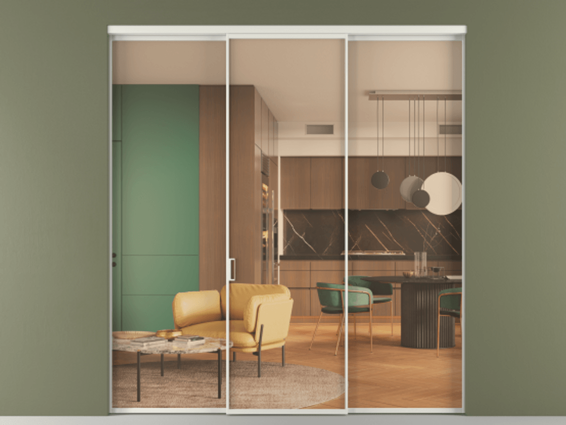 Перегородка Formato внутри проёма 3 створки АЛПР 040.01 Алюминий серый Прозрачное оранжевое стекло, триплекс Цена 1701945 ₸ | Volhovec