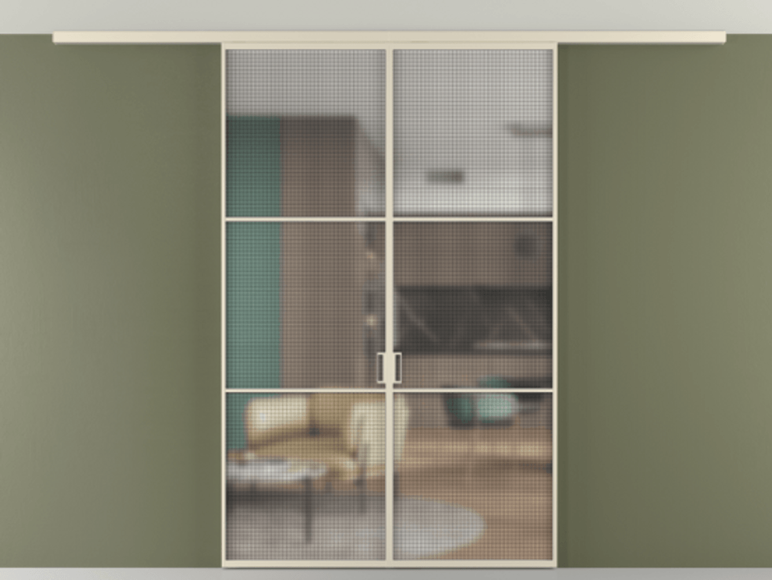 Межкомнатная дверь New Перегородка Formato вдоль стены на потолок двустворчатая АЛПР 040.03 Алюминий бежево-серый Декоративное стекло с сеткой "Mesh silver", триплекс Цена 1295900  | Volhovec