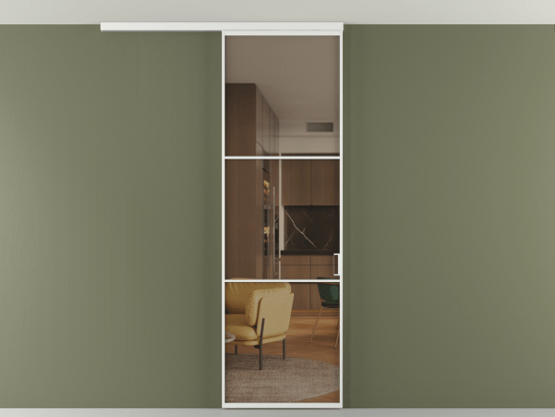 Перегородка Формато вдоль стены на потолок 1 створка АЛПР 040.03 Алюминий белоснежный Прозрачное бронзовое стекло, триплекс Цена 732246 ₸ | Volhovec