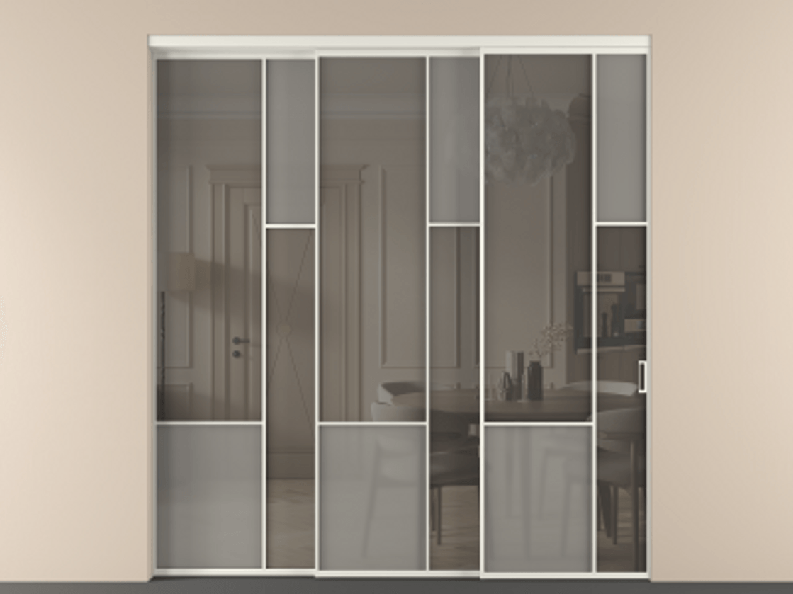 Перегородка Мозаик внутри проёма 3 створки с синхронным механизмом АЛПР 041.12 Алюминий жемчужный Сатинированное серое стекло, триплекс, 6 мм + Прозрачное серое стекло, триплекс Цена 3306668 ₸ | Volhovec