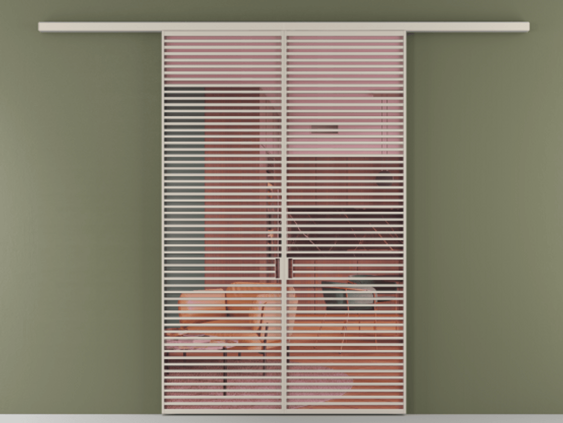 Перегородка Формато вдоль стены 2 створки АЛПР 040.07 Алюминий светло-бежевый Прозрачное розовое стекло, триплекс Цена 2588922 ₸ | Volhovec