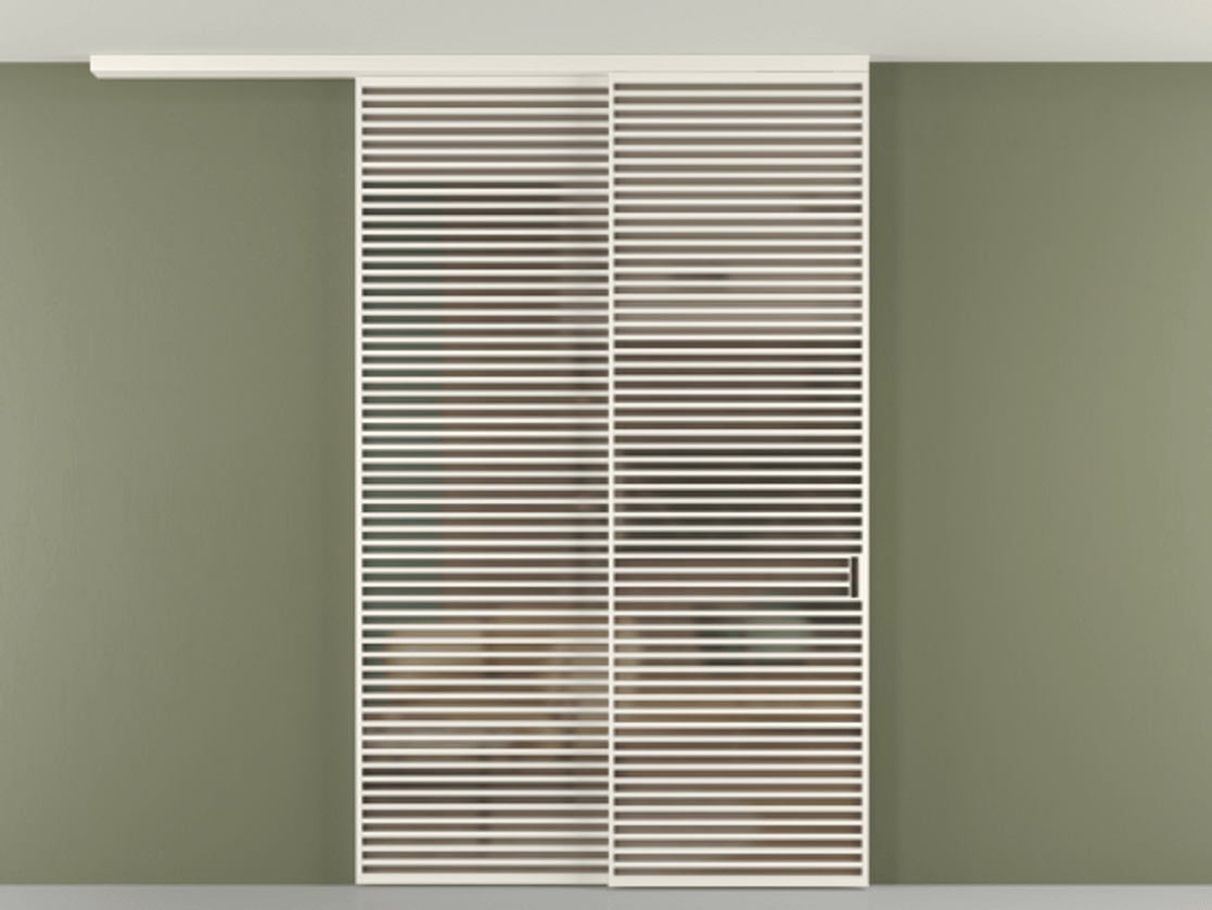 Перегородка Формато вдоль стены на потолок 2 створки с синхронным механизмом АЛПР 040.07 Алюминий пудровый белый Сатинированное бронзовое стекло, триплекс Цена 3981247 ₸ | Volhovec