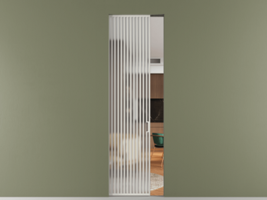 Перегородка Формато скрытый пенал 1 створка АЛПР 040.06 Алюминий Белый Сатинированное стекло "Мателюкс Кристал Вижн", калёное, матовое, каленое 6 мм Цена 1765562 ₸ | Volhovec