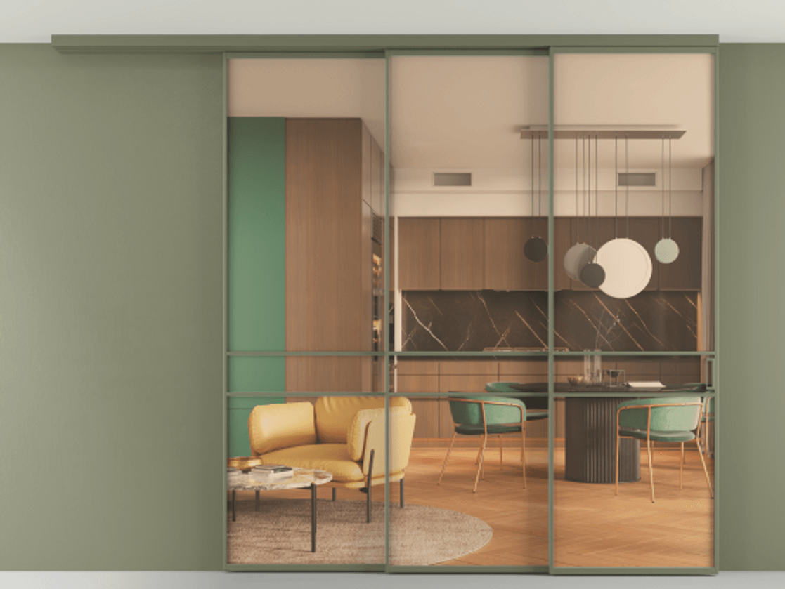 Перегородка Formato вдоль стены на потолок 3 створки с синхронным механизмом АЛПР 040.02 Алюминий оливковый тёмный Прозрачное оранжевое стекло, триплекс Цена 2473300 ₸ | Volhovec