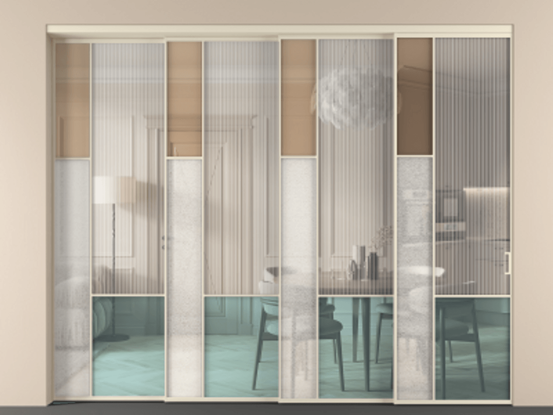 Перегородка Mosaic внутри проёма 4 створки с синхронным механизмом АЛПР 041.13 Алюминий бежево-серый Комбинация стекол Группы 1 и Группы 3 Цена 3815900 ₸ | Volhovec