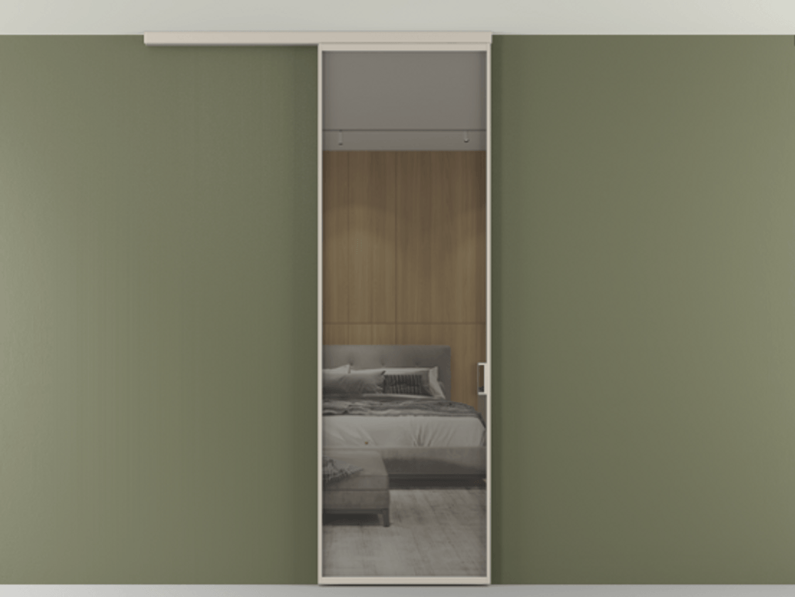 Перегородка Formato вдоль стены на потолок 1 створка АЛПР 040.01 Алюминий светло-бежевый Рефлективное серое стекло "Стопсол", калёное Цена 903949 ₸ | Volhovec