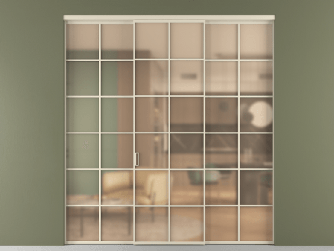 Перегородка Formato внутри проёма 3 створки АЛПР 040.05 Алюминий бежево-серый Сатинированное оранжевое стекло, триплекс Цена 1667700 ₸ | Volhovec