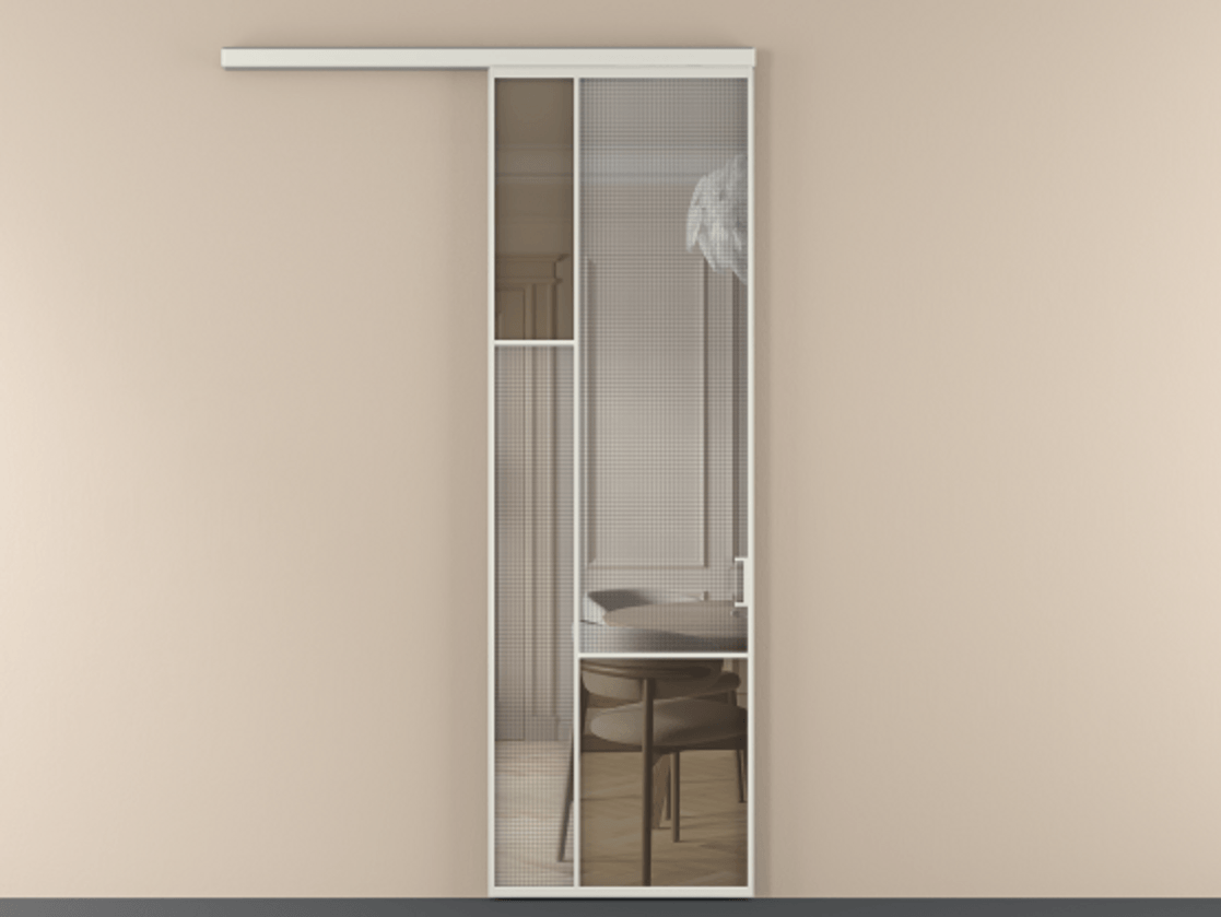 Перегородка Mosaic вдоль стены 1 створка АЛПР 041.13 Алюминий серый Декоративное стекло с сеткой "Mesh silver", триплекс, 6 мм + Прозрачное бронзовое стекло, триплекс Цена 892510 ₸ | Volhovec