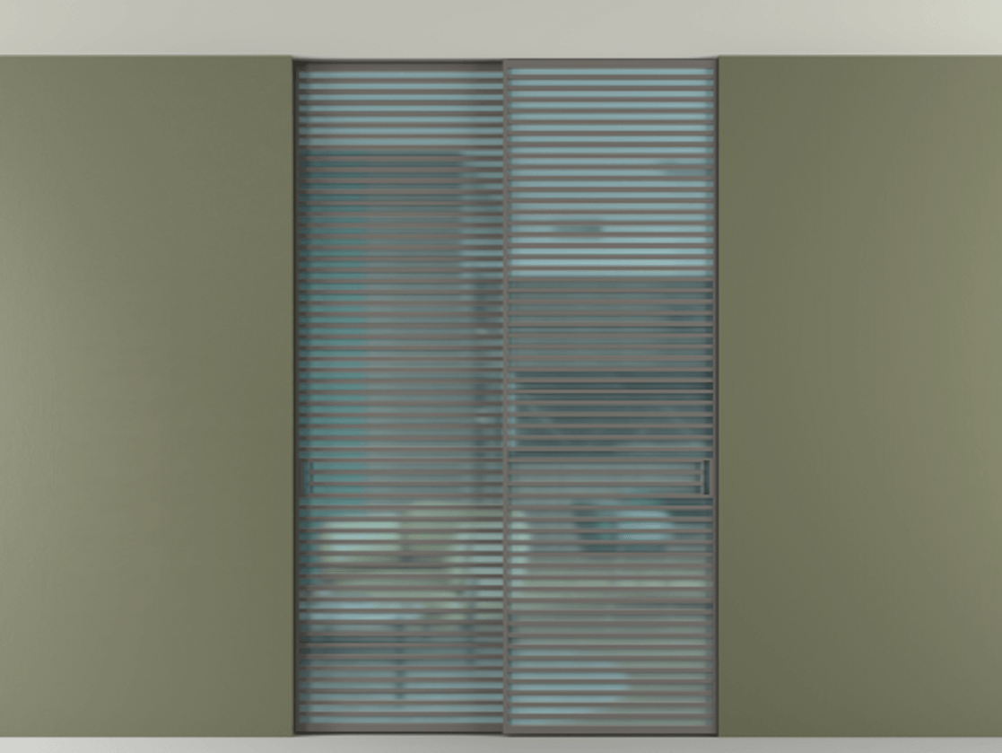 Перегородка Формато внутри проёма скрытое крепление в потолок 2 створки АЛПР 040.07 Алюминий классический серый Сатинированное голубое стекло, триплекс Цена 3098957 ₸ | Volhovec