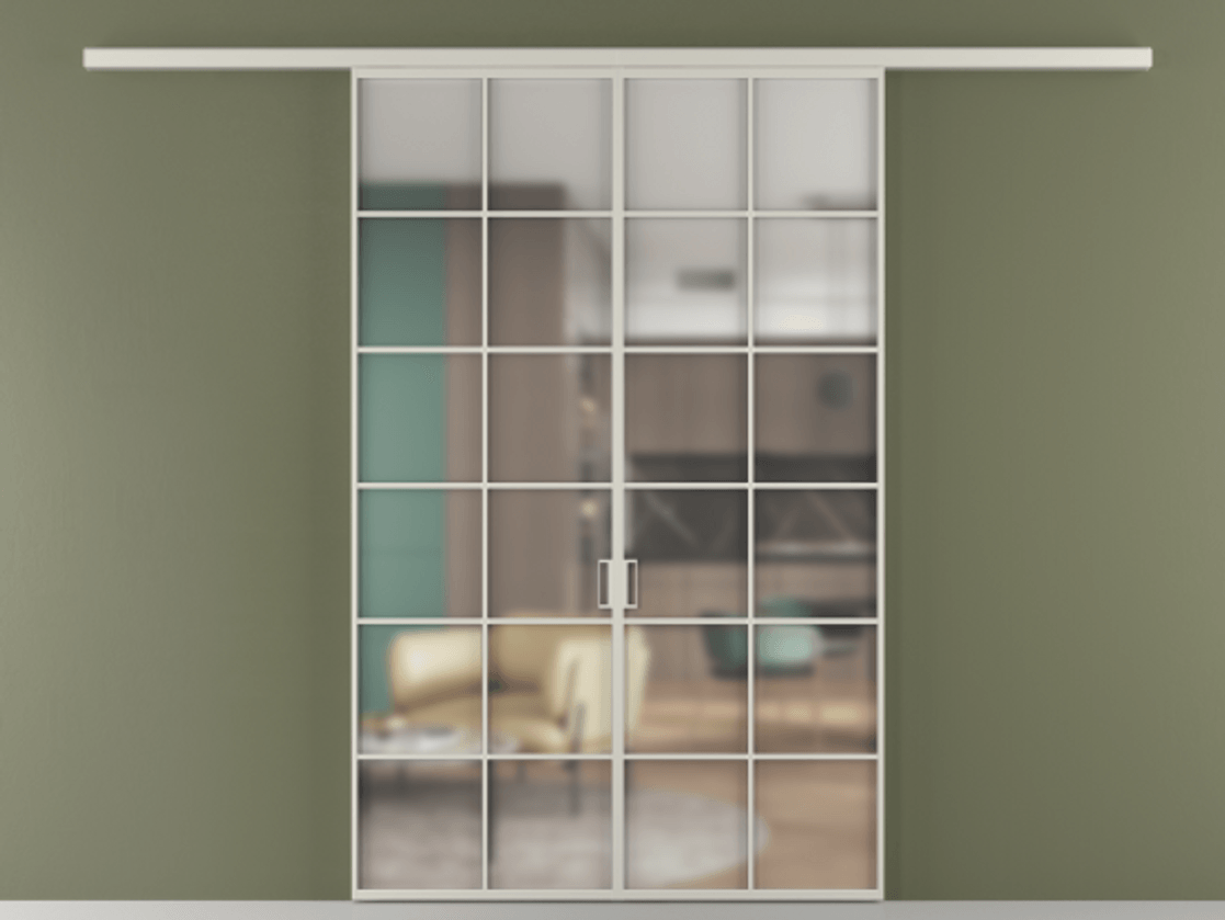 Перегородка Формато вдоль стены 2 створки АЛПР 040.05 Алюминий тёплый серый Сатинированное стекло "Мателюкс Кристал Вижн", калёное, матовое, каленое 6 мм Цена 1751954 ₸ | Volhovec