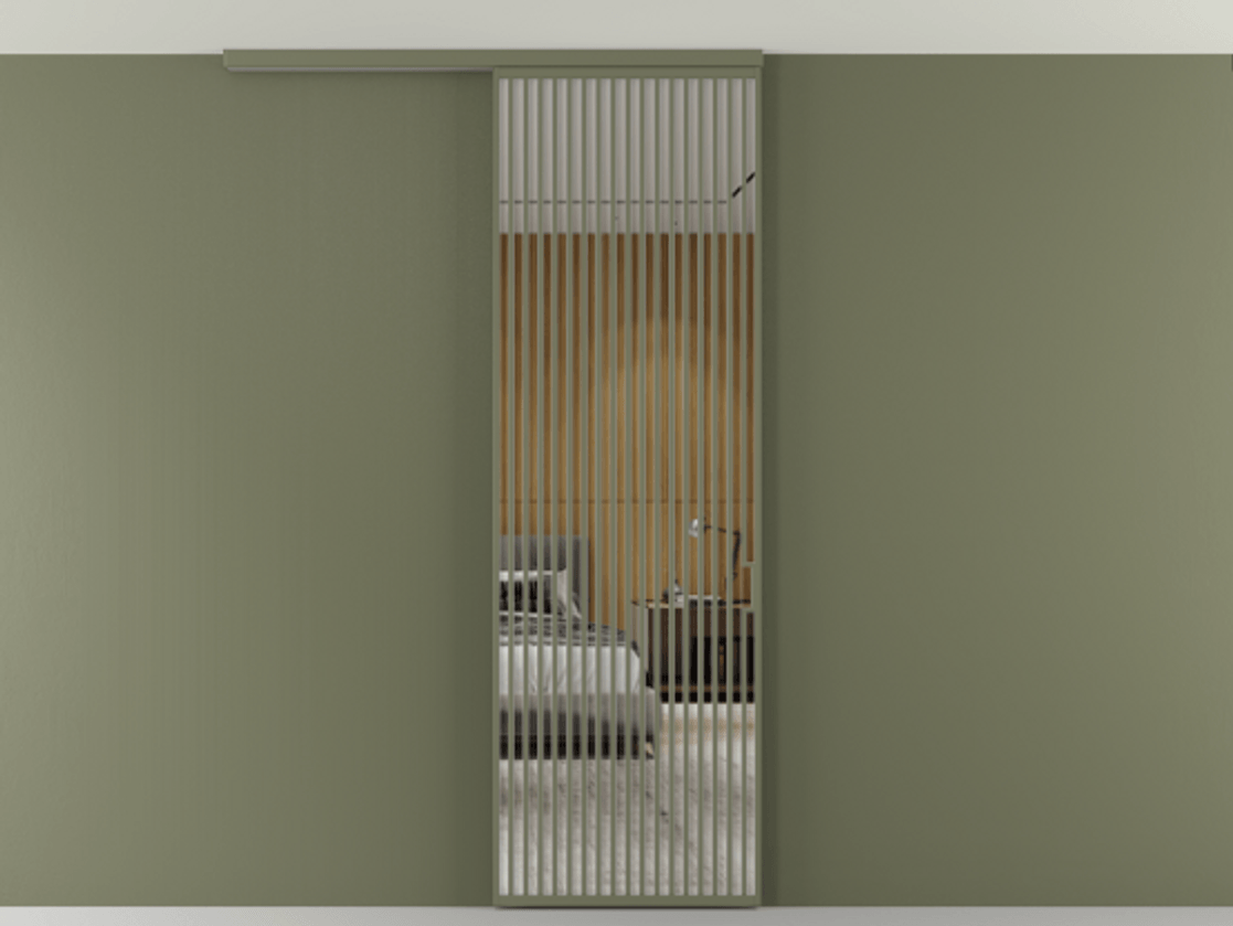 Перегородка Формато вдоль стены на потолок 1 створка АЛПР 040.06 Алюминий оливковый тёмный Двустороннее зеркало, триплекс , триплекс 6 мм Цена 1415444 ₸ | Volhovec