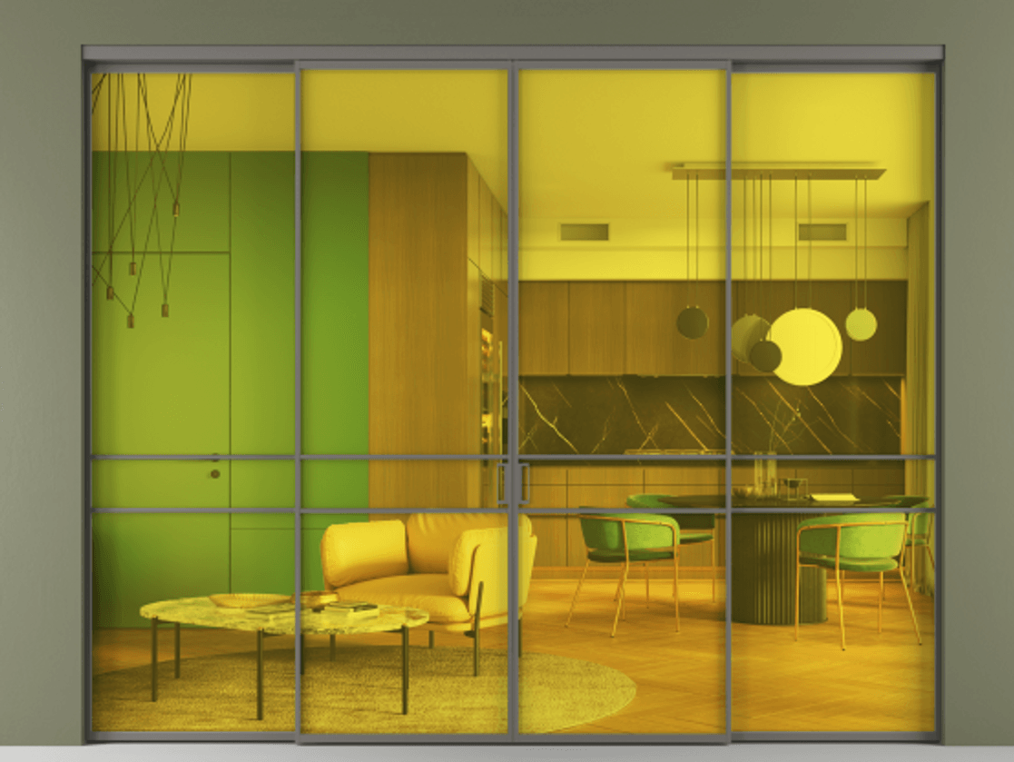 Перегородка Formato внутри проёма 4 створки АЛПР 040.02 Алюминий классический серый Прозрачное жёлтое стекло, триплекс Цена 2435076 ₸  | Volhovec