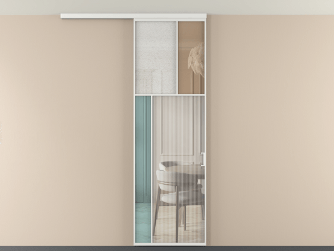 Перегородка Мозаик вдоль стены на потолок 1 створка АЛПР 041.22 Алюминий белоснежный Комбинация стекол Группы 1 и Группы 3 Цена 1066262 ₸ | Volhovec