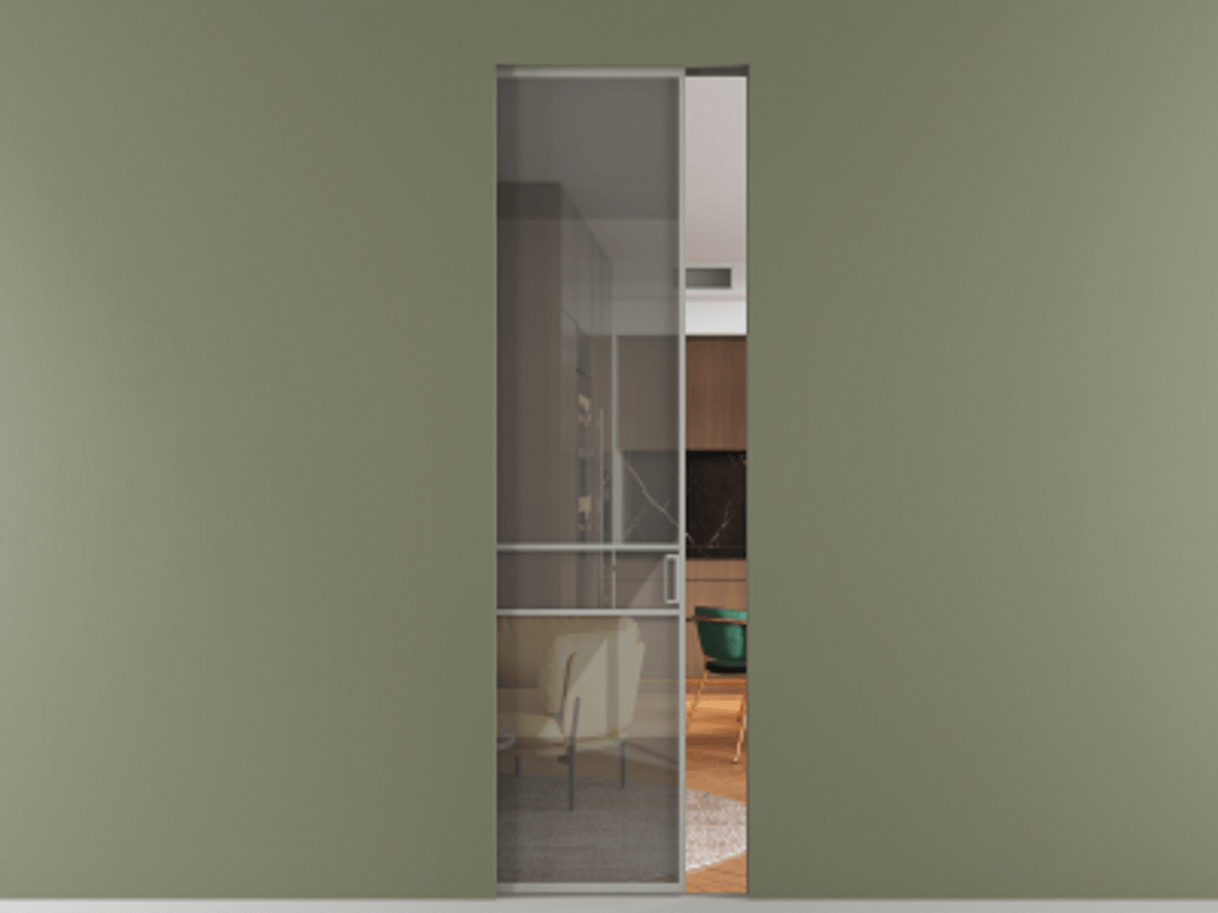 Перегородка Formato скрытый пенал 1 створка АЛПР 040.02 Алюминий нейтральный серый Рефлективное серое стекло "Stopsol", калёное Цена 1113200 ₸ | Volhovec