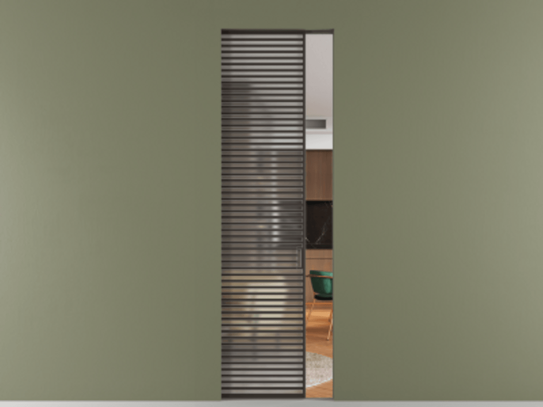 Перегородка Формато скрытый пенал 1 створка АЛПР 040.07 Алюминий антрацит Сатинированное стекло "Мателюкс Кристал Вижн", калёное, матовое, каленое 6 мм Цена 1815761 ₸ | Volhovec