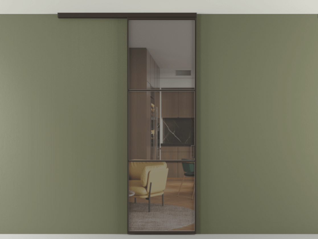 Перегородка Формато вдоль стены на потолок 1 створка АЛПР 040.03 Алюминий антрацит Прозрачное серое стекло, триплекс Цена 763469 ₸ | Volhovec