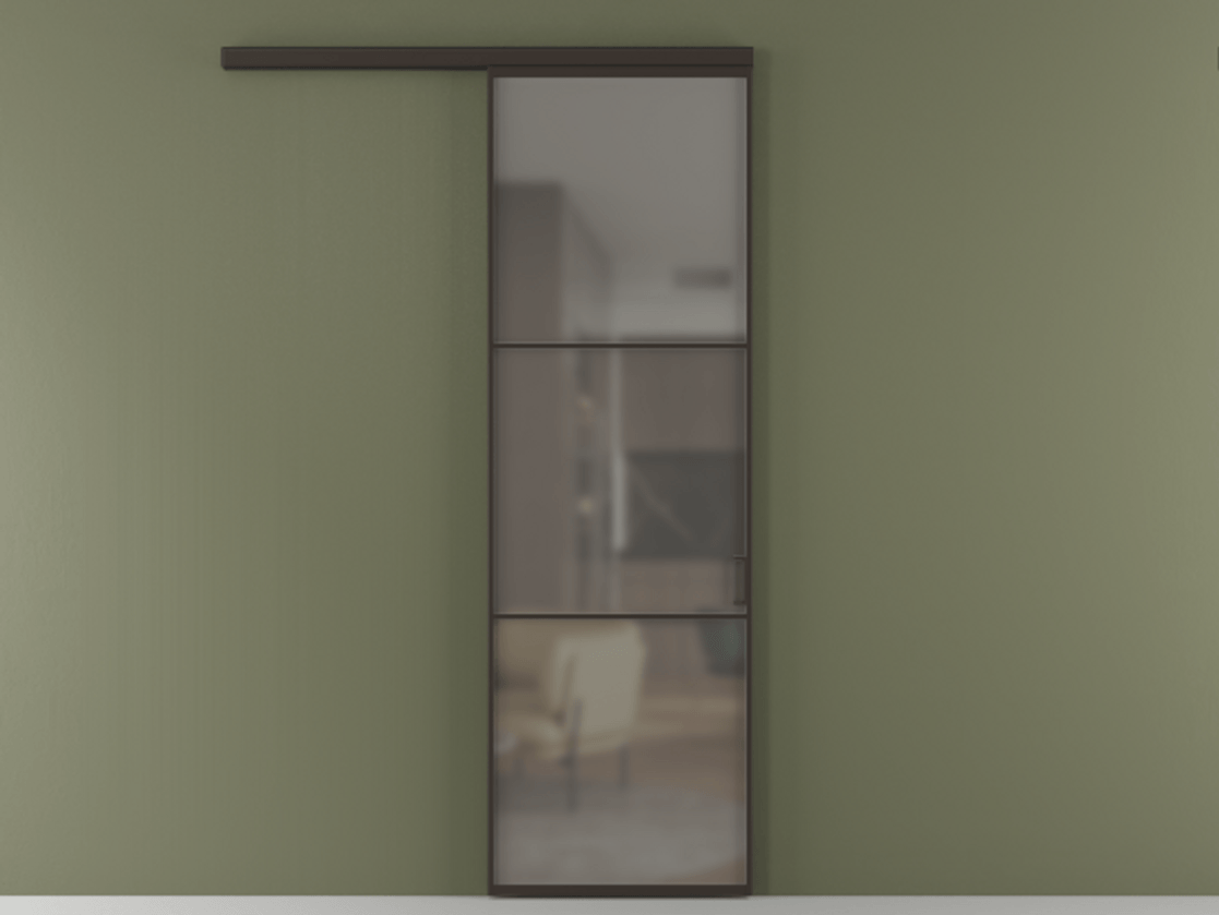 Перегородка Формато вдоль стены 1 створка АЛПР 040.03 Алюминий антрацит Сатинированное серое стекло, триплекс Цена 835078 ₸  | Volhovec