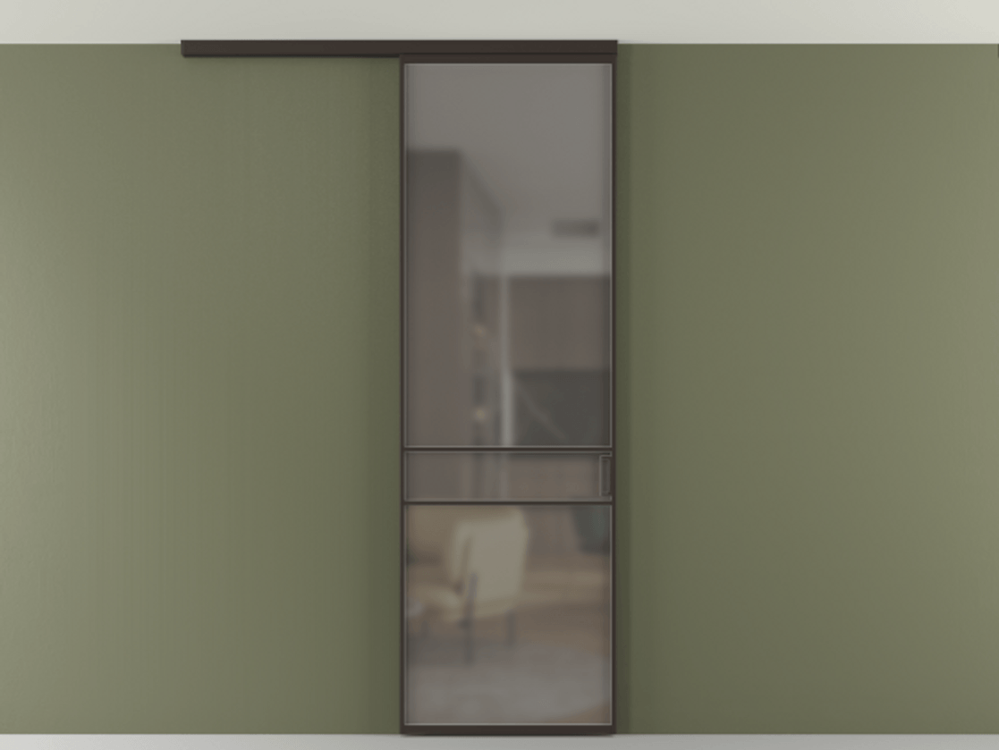 Перегородка Формато вдоль стены на потолок 1 створка АЛПР 040.02 Алюминий антрацит Сатинированное серое стекло, триплекс Цена 732246 ₸ | Volhovec