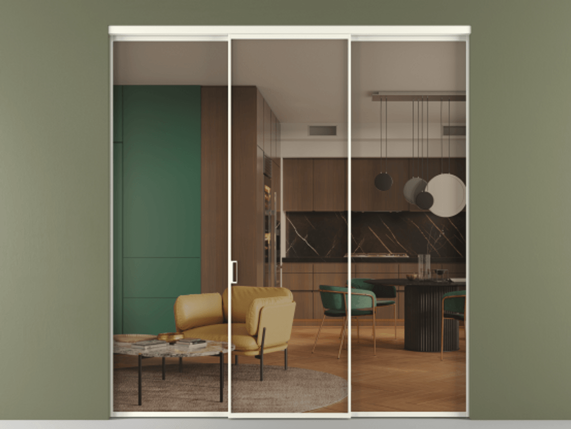 Перегородка Formato внутри проёма 3 створки АЛПР 040.01 Алюминий жемчужный Прозрачное бронзовое стекло, триплекс Цена 1470020 ₸ | Volhovec