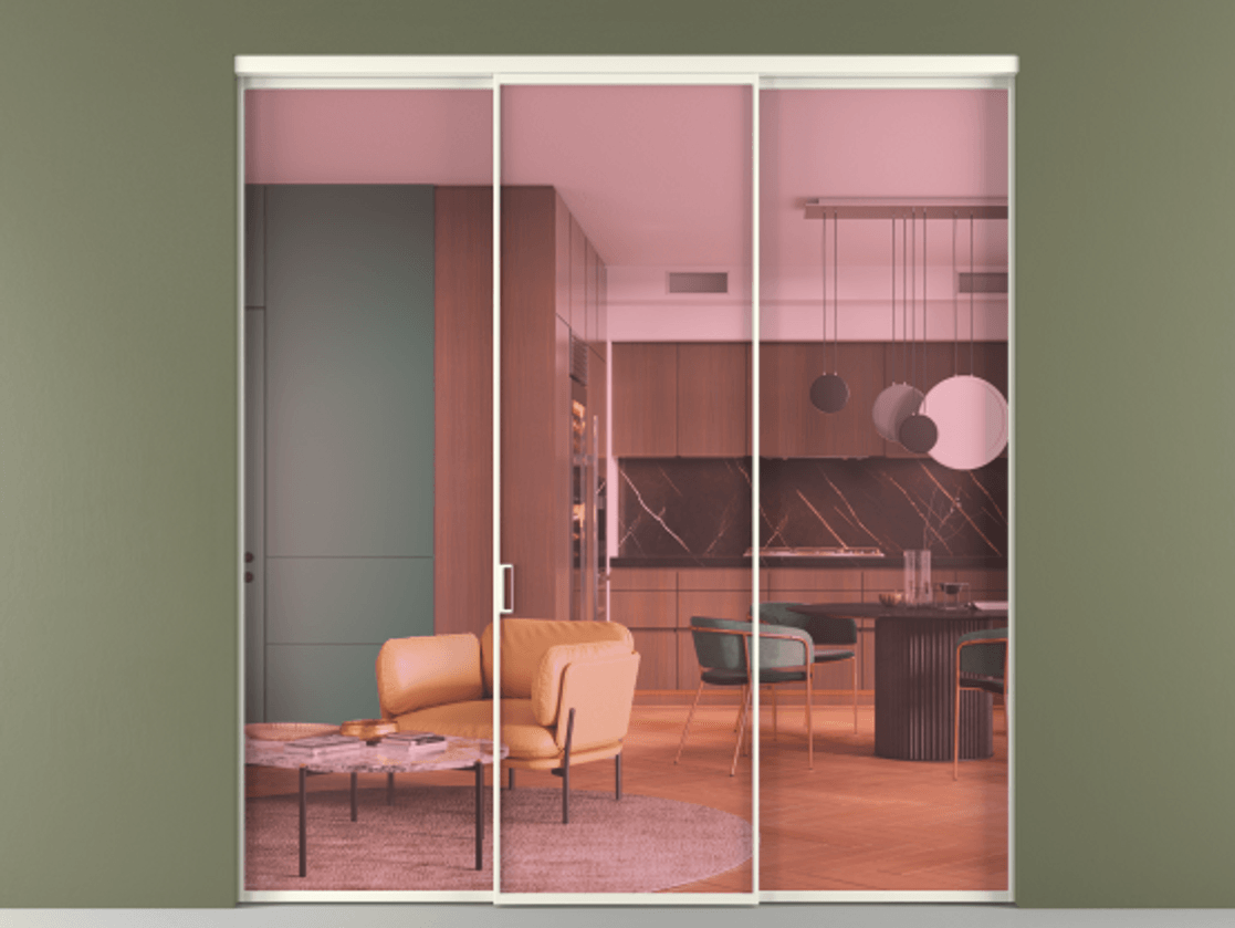 Перегородка Formato внутри проёма 3 створки АЛПР 040.01 Алюминий жемчужный Прозрачное розовое стекло, триплекс Цена 1470000 ₸ | Volhovec