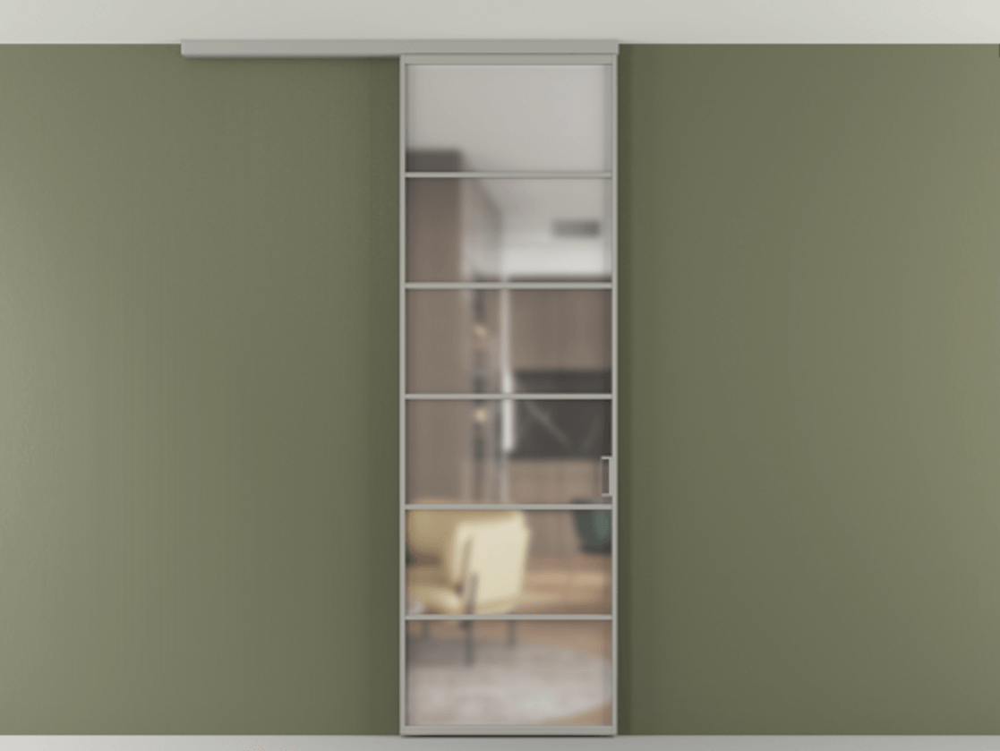 Перегородка Формато вдоль стены на потолок 1 створка АЛПР 040.04 Алюминий нейтральный серый Сатинированное стекло "Мателюкс Кристал Вижн", калёное, матовое, каленое 6 мм Цена 863745 ₸ | Volhovec