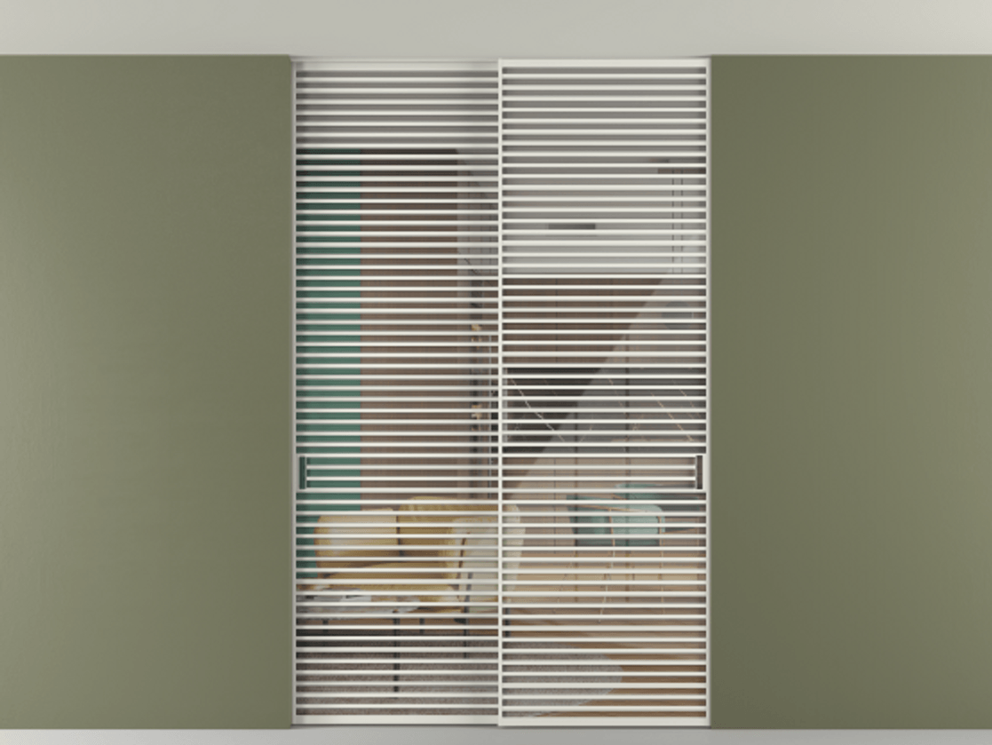 Перегородка Формато внутри проёма скрытое крепление в потолок 2 створки АЛПР 040.07 Алюминий серый Рефлективное прозрачное стекло "Стопсол", калёное Цена 3939667 ₸ | Volhovec