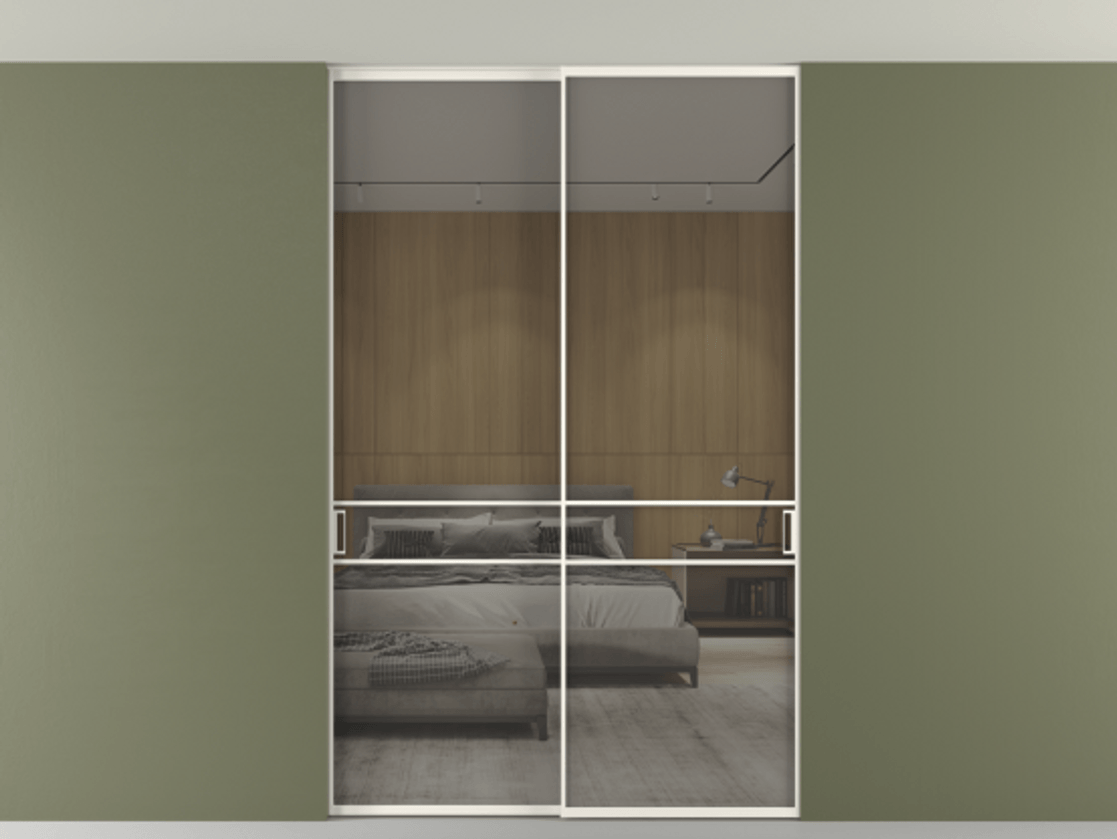 Перегородка Формато внутри проёма скрытое крепление в потолок 2 створки АЛПР 040.02 Алюминий пудровый белый Рефлективное серое стекло "Стопсол", калёное Цена 2309731 ₸ | Volhovec